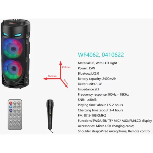 Altavoz Bluetooth WF4062 con Micrófono, Luces LED y Mando