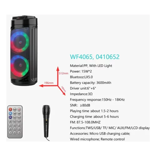 Altavoz Bluetooth WF4065 con Micrófono, Luces LED y Mando
