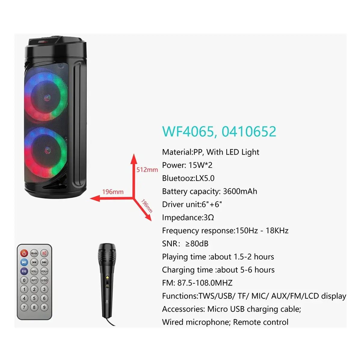 Altavoz Bluetooth WF4065 con Micrófono, Luces LED y Mando